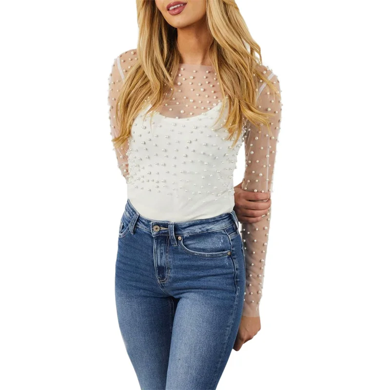 Sheer Mesh Top with Pearls Women y2k Clothing See Through Round Neck Long Sleeve T Shirt 2000s Clothes Party Clubwear