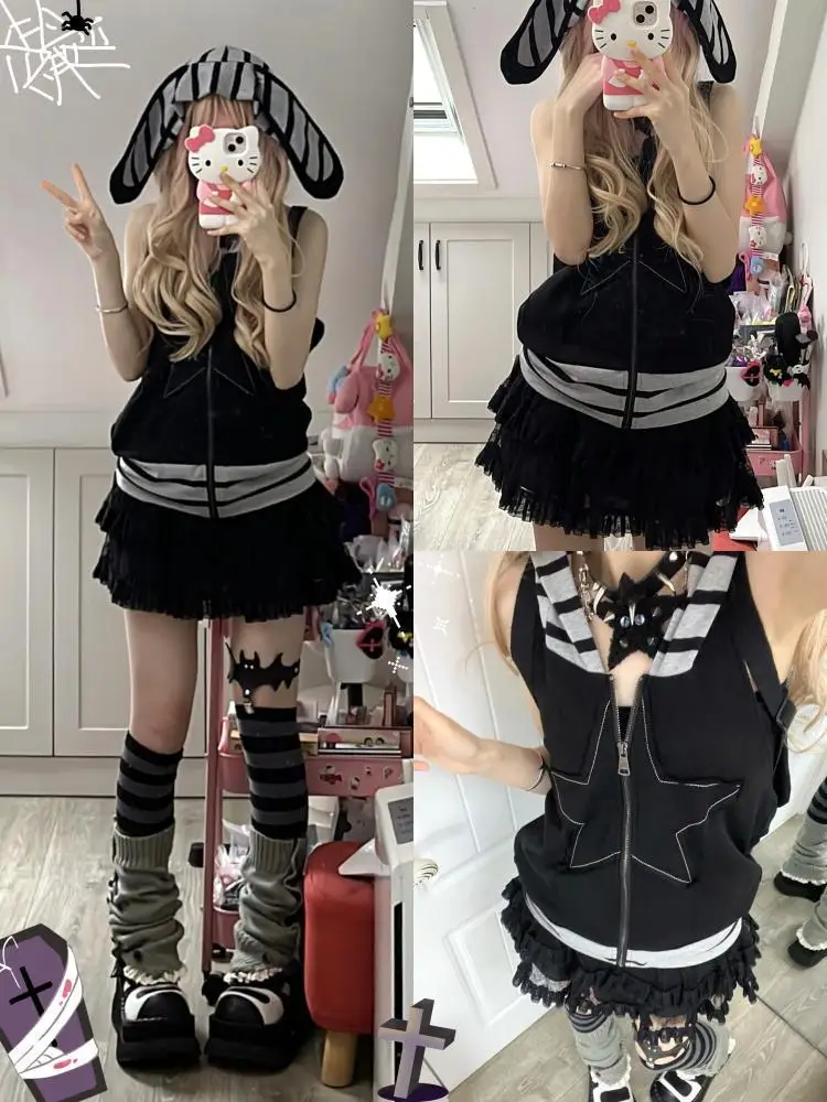 

Deeptown Y2K Aesthetic Harajuku Hooded Tank Top Women Punk Grunge Striped Backless Tees Kpop Sleeveless Crop Tops 2000s E-girl