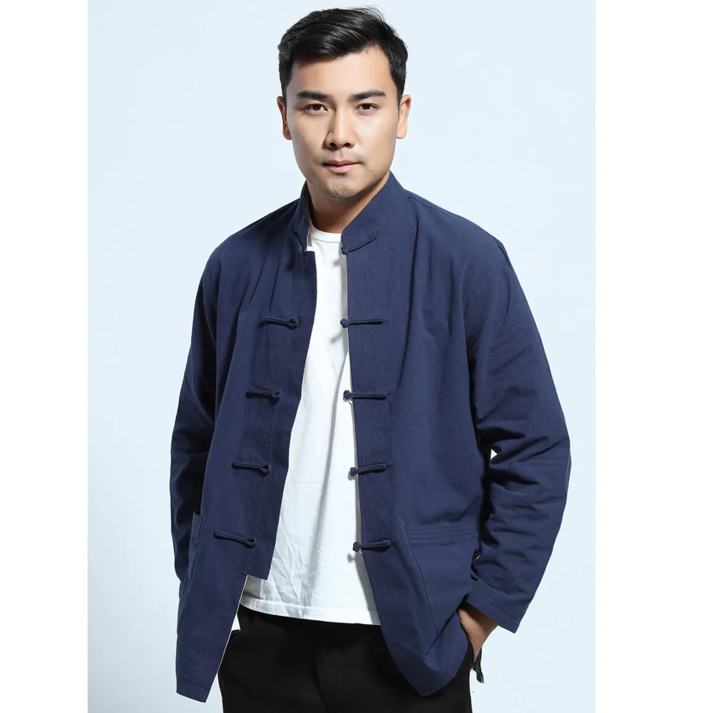 Mens Cotton Linen Long Sleeve Traditional Chinese Tang Suit Top Jacket
