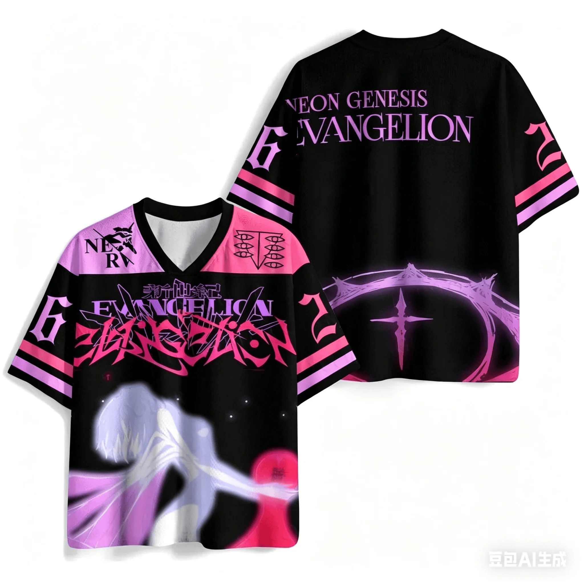 Summer New Century Evangelion EVA Ayane Boli Printed Black Pink Contrast Street Large Loose Quick Drying Short Sleeve Kids
