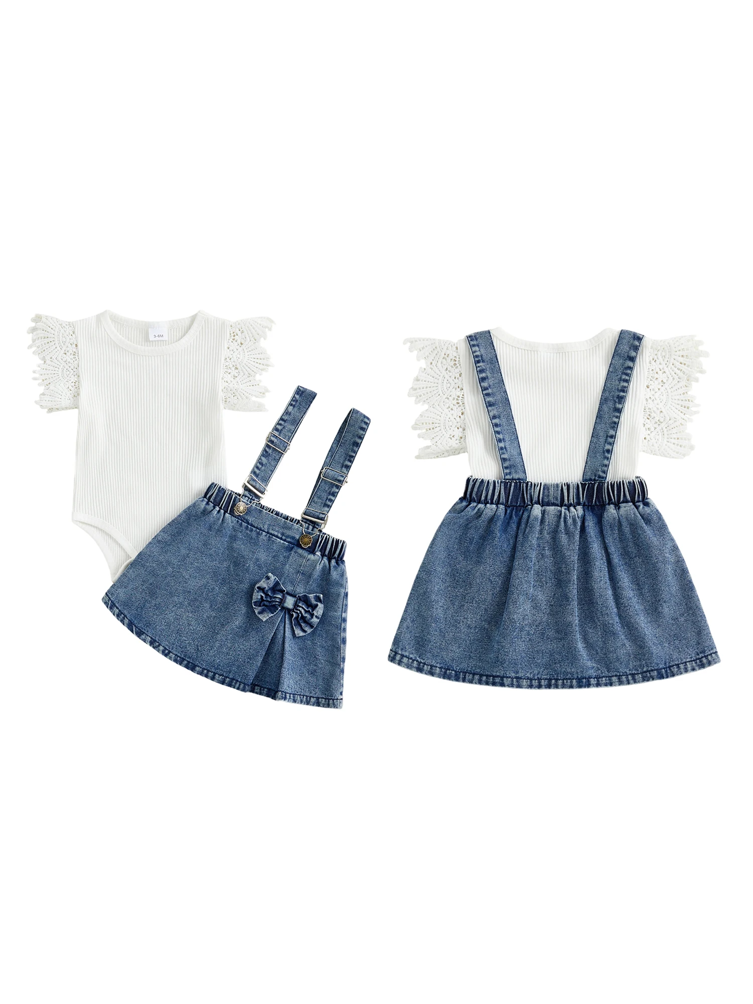 FOCUSNORM 0-18M Schöne Baby Mädchen Sommer Kleidung Sets Outfit Gerippte Kurzarm Strampler Denim Overall Rock Set – Detail 3