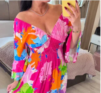 Summer New Women\'s Floral Fashion Long Sleeve Chic Long Dress Elastic Waist Slim Dress Feminine Elegant Midi Dress