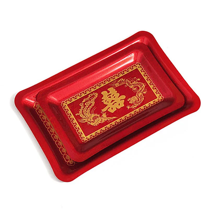 Luxury Chinese Red Plastic Oblong Round Toast Tray Traditional Wedding Party Tea Trays to Serve Food Festive Ceremony Decoration