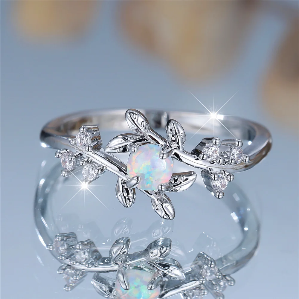 Elegant White Fire Opal Leaf Ring in Silver – Perfect Gift