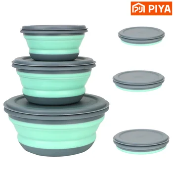 Bol de Camping pliable en Silicone, boîte à déjeuner, couvercle de bol à salade, récipient de stockage des aliments extensible, boîte à Bento 3 pièces/ensemble 1