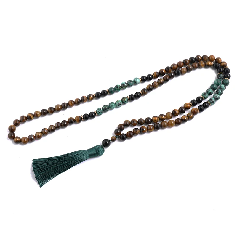8mm Yellow Tiger Eyes Turquesa Africana Black Onyx Japamala Set Meditation Yoga Spirit Jewelry 108 Mala Beaded Tassel Necklace 6
