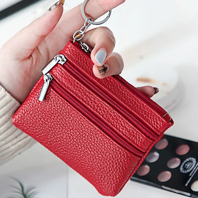 Women Wallet Coin Purse Card Wallet 2 Zip Genuine Leather Female Zipper Coin Purses Card Holder Children Storage Pocket Bags Pouch