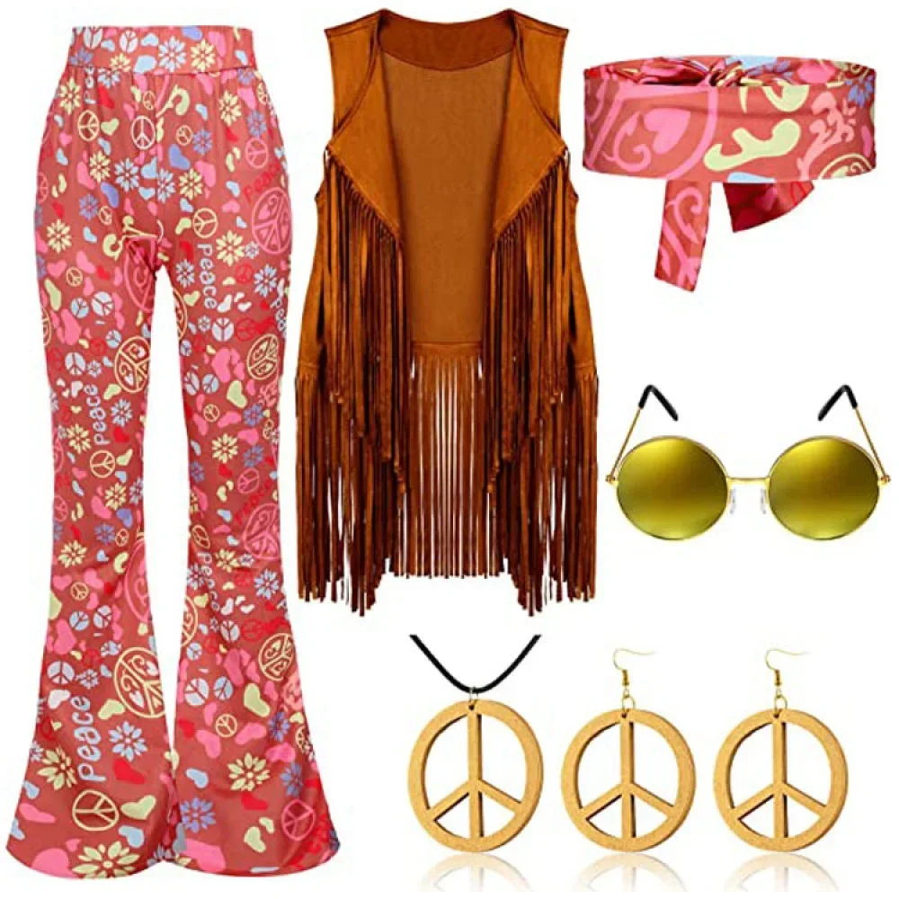 

Hippie Disco 60s 70s Cosplay Costume Women Peace Love Girls Hip Indian Tassels Hippie Vest Cardigan Halloween Carnival Party