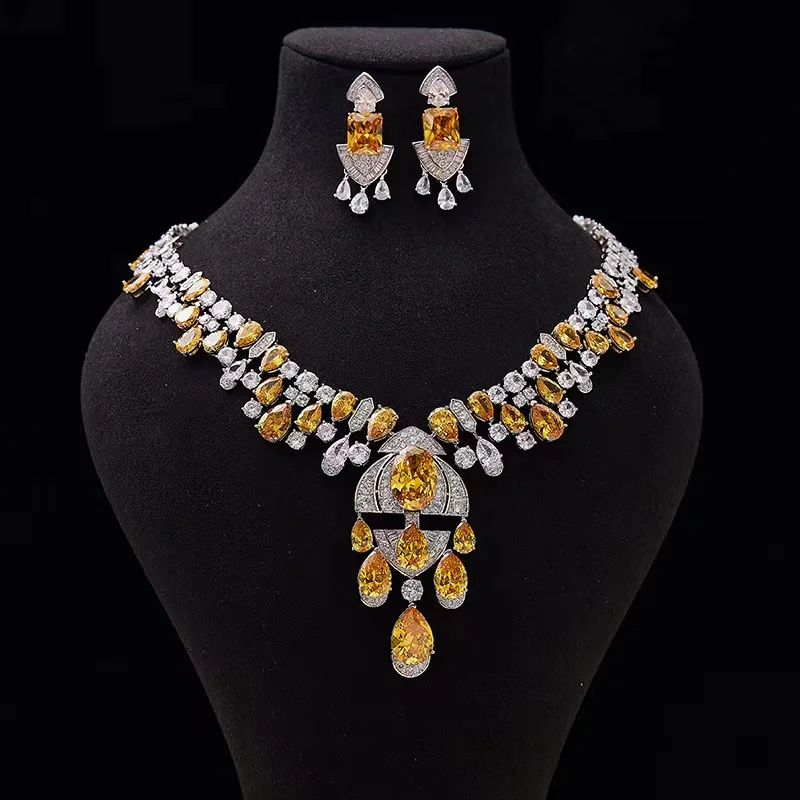 

EYER Multi Layer Yellow Color Zirconia Diamond Chain Necklace Earrings Real Gold Plated Bridal Jewelry Set For Women 2023 New