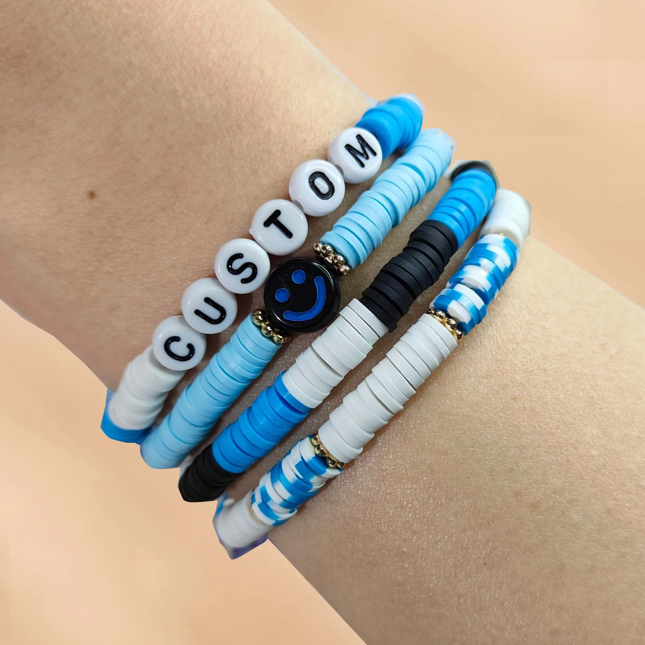 

Customed Handmade Ocean Smile Summer Bohemian Blue Soft Pottery Name Bracelet Jewelry For Women Girl Friends Gift