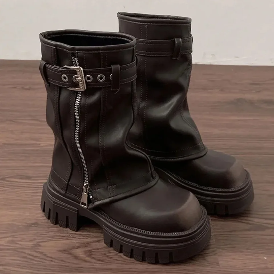 2024 Punk Platform Fold Ankle Boots for Women Belt Buckle Cool