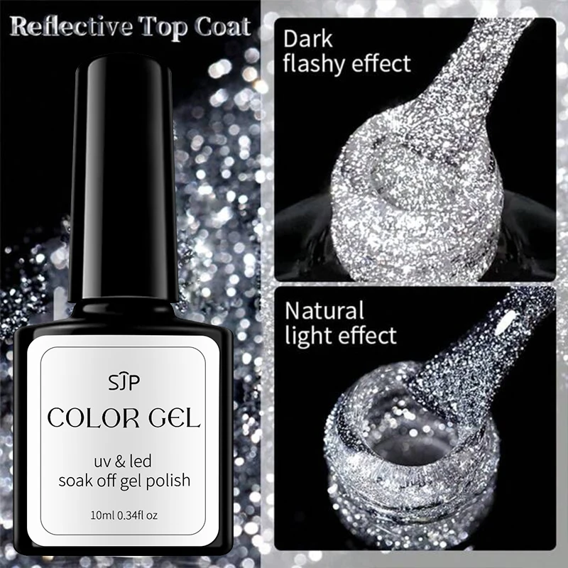 Reflective Glitter Top Coat Gel Nail Polish 1pc 10ml Silver Colorful Sparkling Auroras Laser Semi Permanent Nail Art Gel