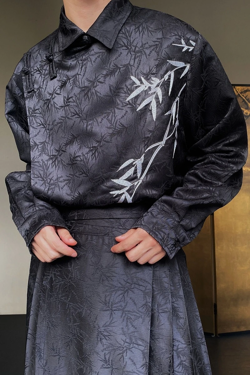 

New Chinese Style Retro Texture Dark Embroidered Bamboo Jacquard Long Sleeved Shirt For Men And Women's Tang Suit Jacket