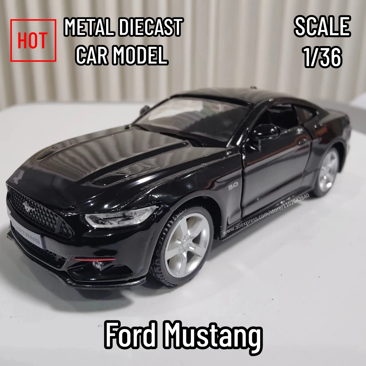 1/36 Scale Ford Mustang Super Sports Car Model Replica Diecast Collection Vehicle Interior Decor Ornament Xmas Gift Kid Boy Toy