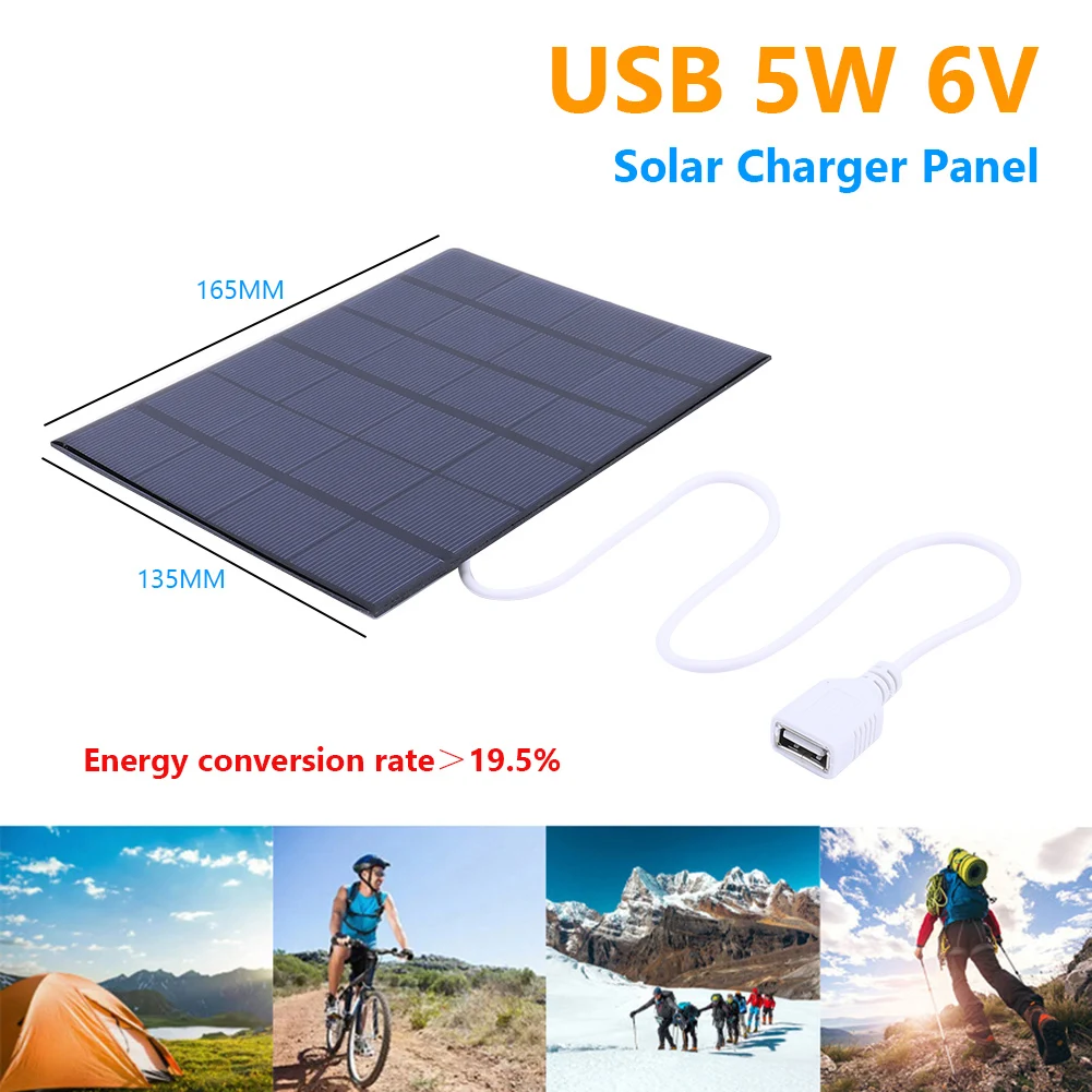 USB Solar Panel 5W 6V for Mobile Phone/3-5V Battery Charging Portable Solar Charger Cells Power Bank Camping Survival Equipment