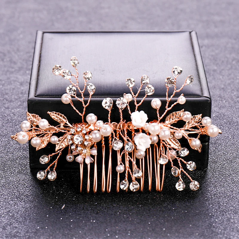Rose Gold Crystal Pearl Flower Hair Comb