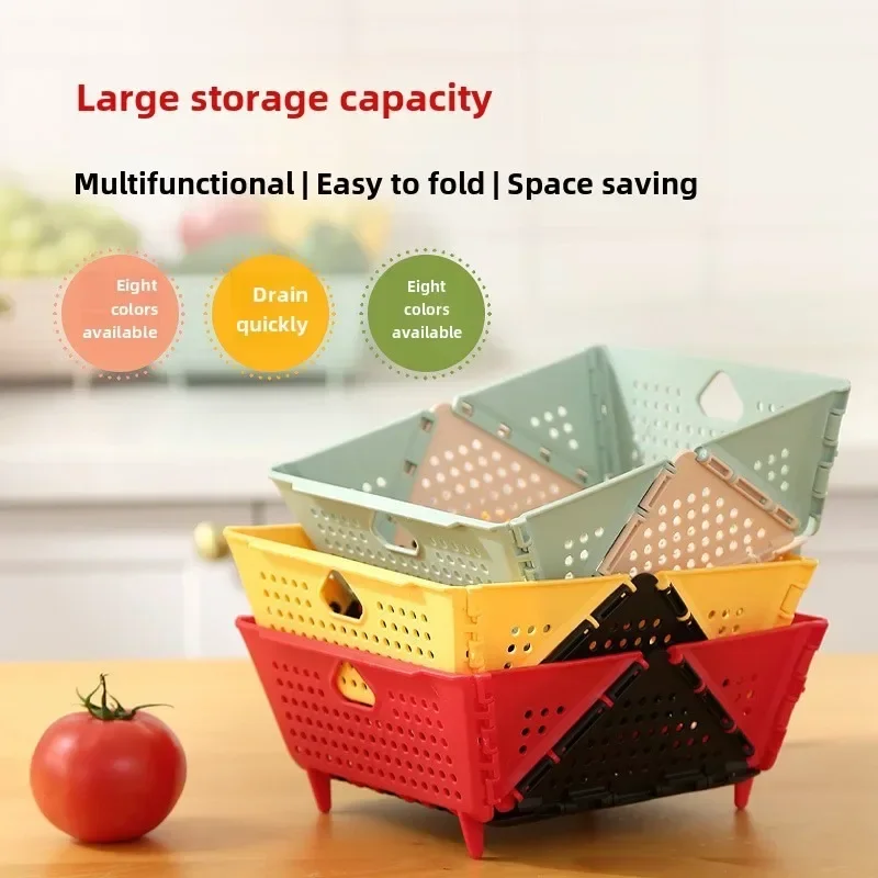 Hot Drain Basket, Fruit Basket, Foldable Plastic, Large Capacity, Raised Tiptoe, Household Kitchen, Vegetable Washing Basket