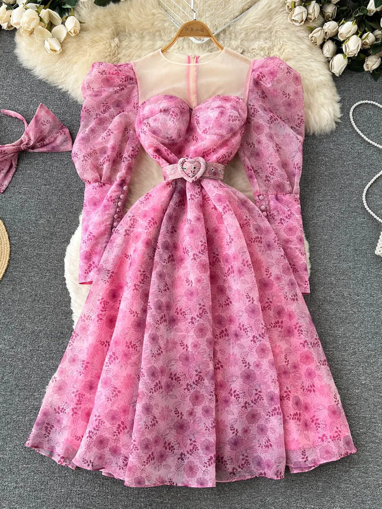 

Fashion Designer Summer Pink Floral Dress Women's Puff Sleeve Sashes Flower Print Elegant Holiday Midi Dress