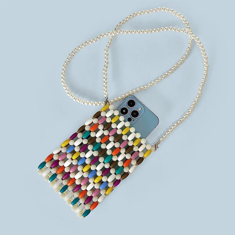 Colorful Wood Bead Splicing Mini Crossbody Phone Bag Vacation Style Leisure Handmade Bead Bag