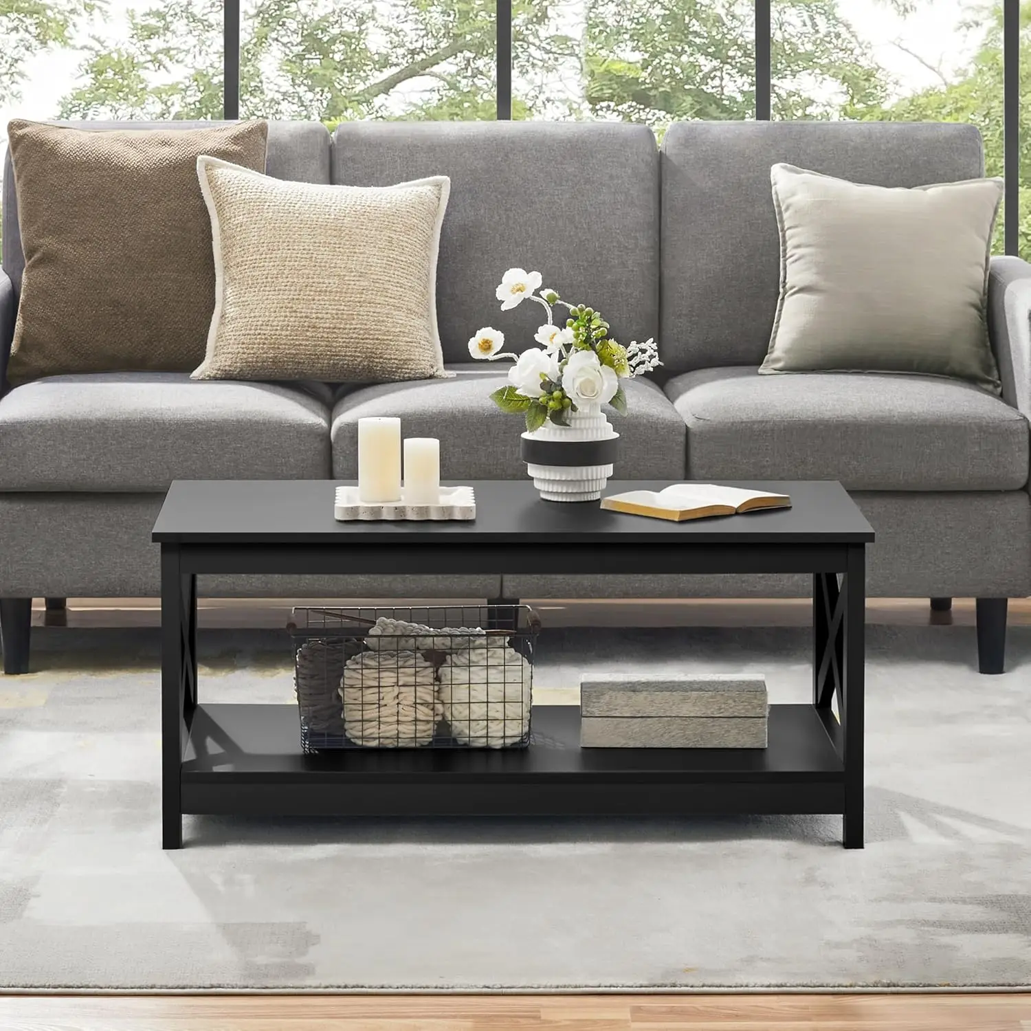 Wood 2-Tier Black Coffee Table with Storage Shelf for Living Room, X Design Accent Cocktail Table, Easy Assembly Home Furniture 4