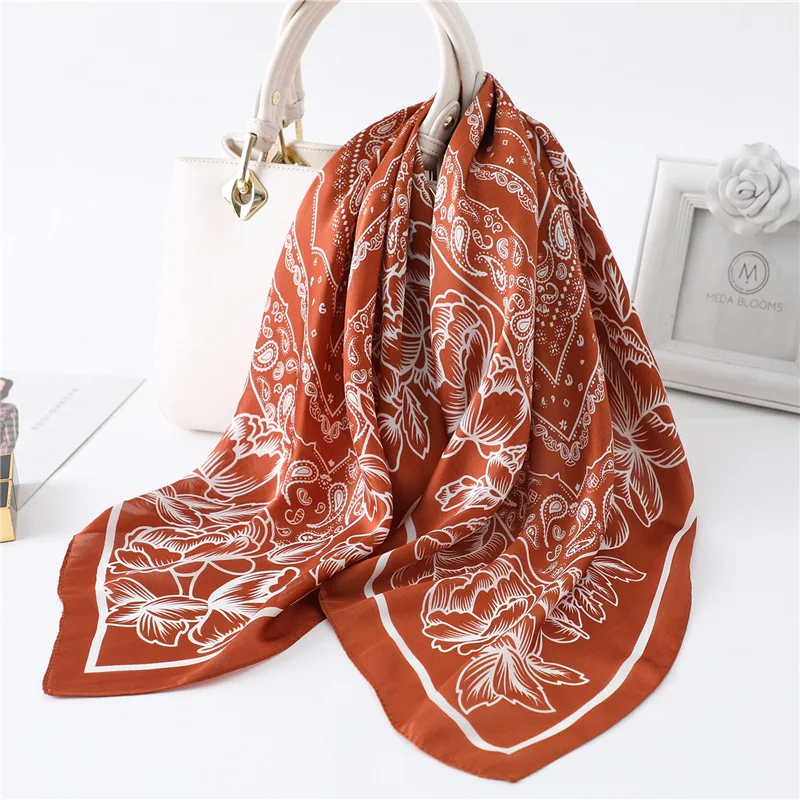 Girl Silk Scarf Luxury Women Hair Scarves 70*70cm Square Design Pink Flower Headscarf Summer Shawl Hijab Paisley Wrap Headband 6