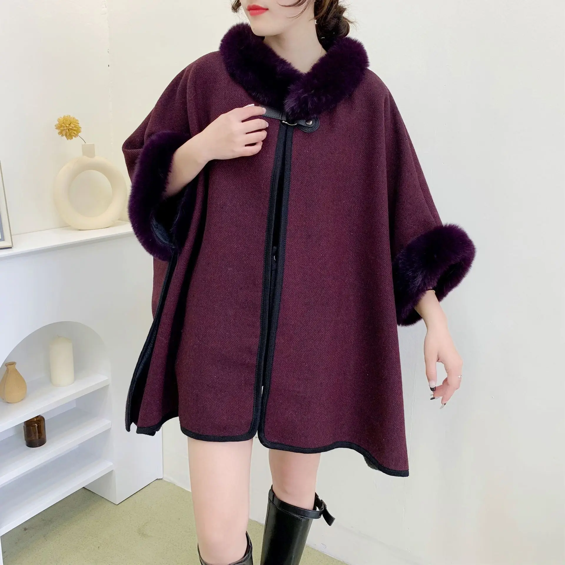 6 Color 2023 Women Winter Thick Warm Faux Fur Neck Velvet Out Streetwear Poncho Cardigan Cloak Batwing Sleeve Loose Capes Coat 6 colors navy blue granular velvet warm pullover cloak winter faux rabbit fur streetwear women capes poncho o neck loose coat