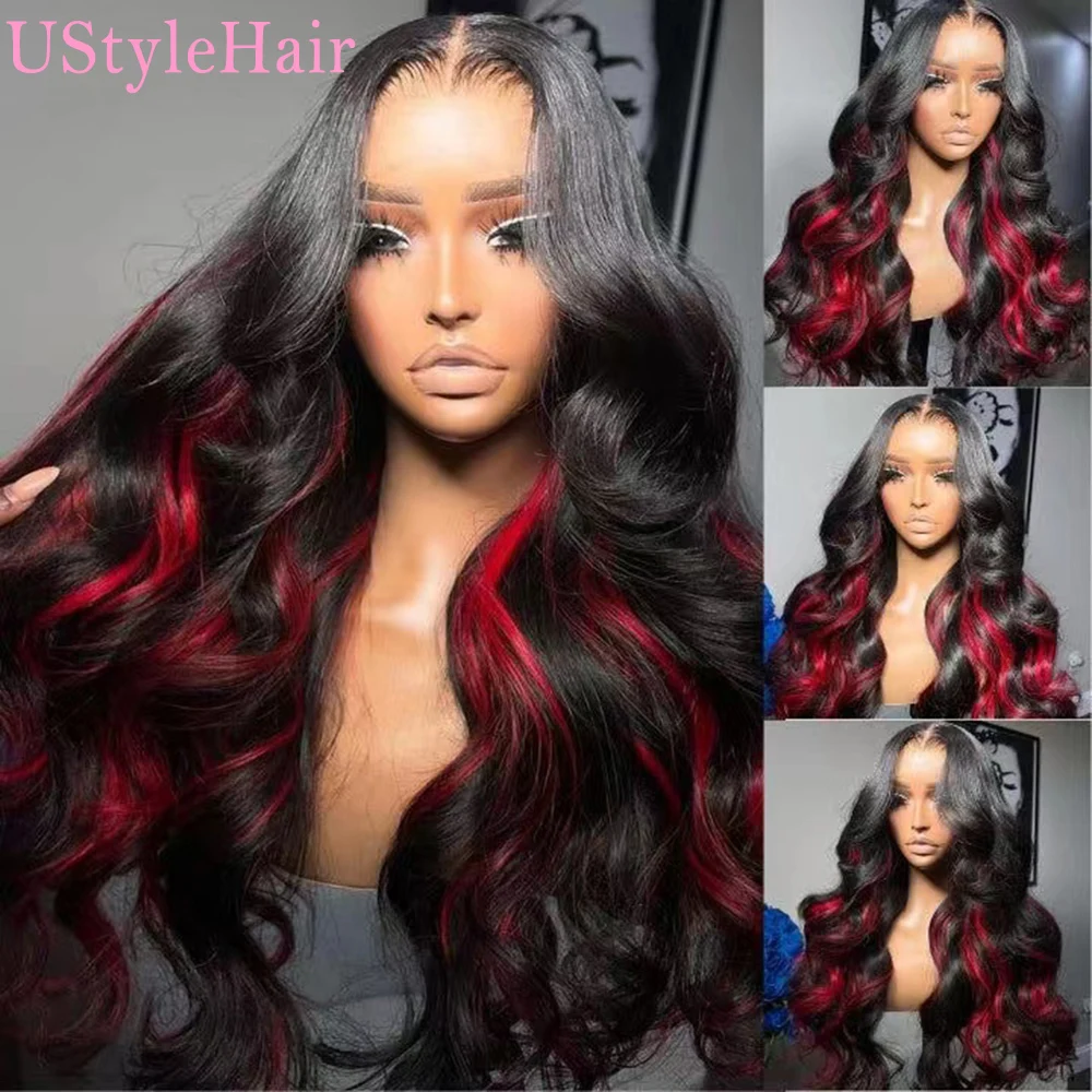 UStyleHair Black Body Wave Wig with Pink Highlights Heat Resistant Synthetic Lace Front Wig Daily Use Natural Hairline Frontal