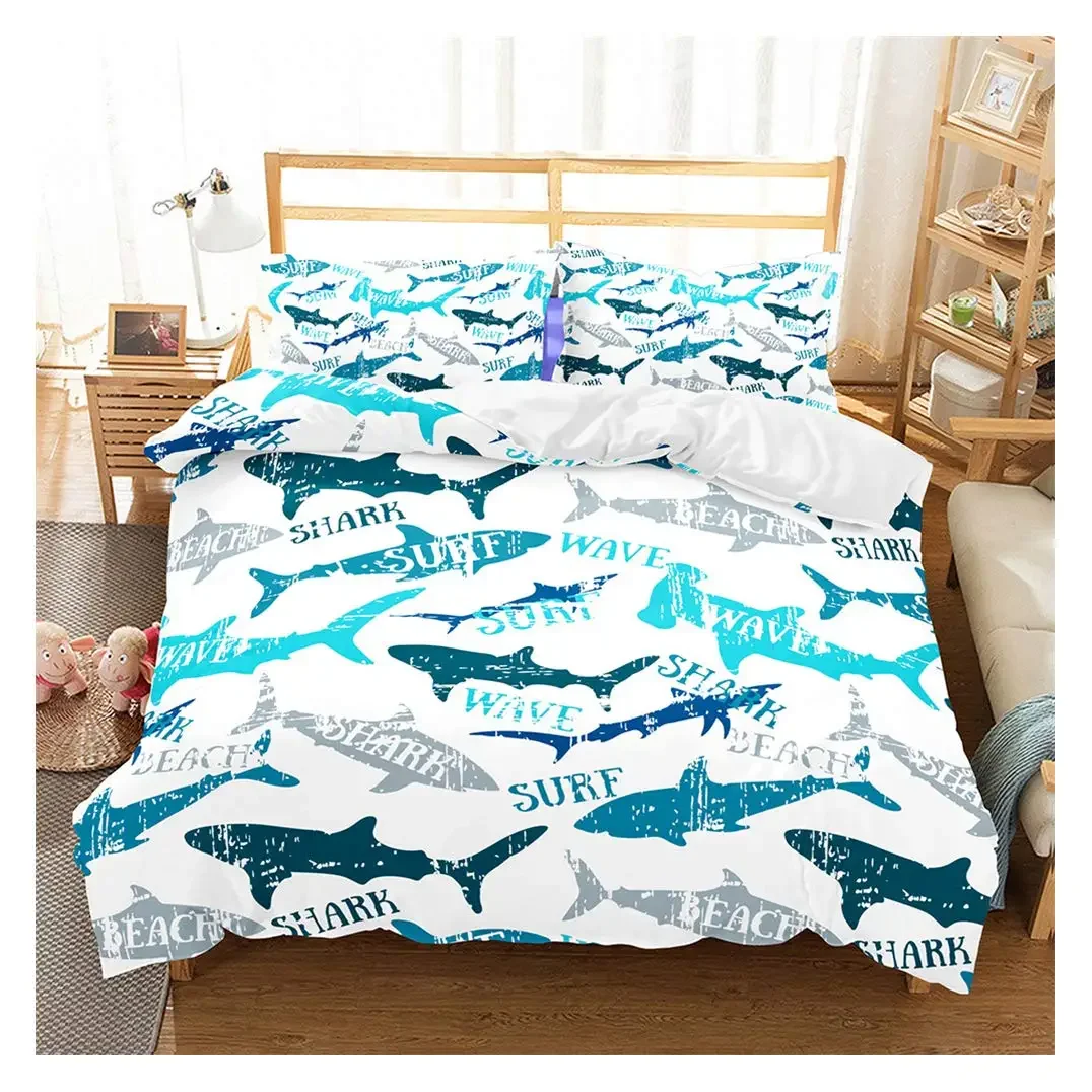 Blue and White Cartoon Shark Fish Print Kids Duvet Cover Boys Girls Luxury Room Decoration for Children Teens Gift Queen Size 5