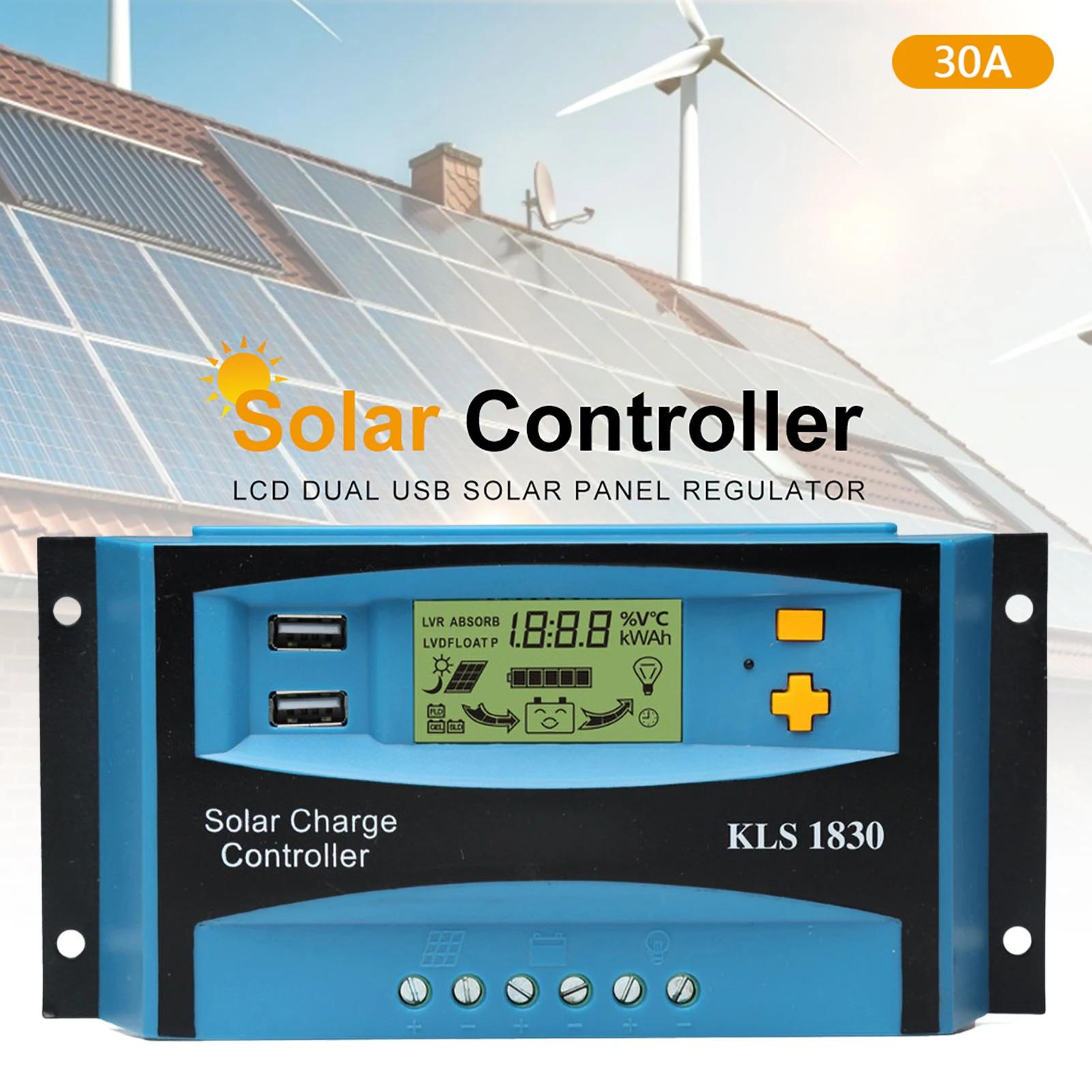 

30A PWM Solar Charge Controller 12/24V Solar Panel Charge Controller Adjustable Auto LCD Dual Output Solar Panel PV Regulator