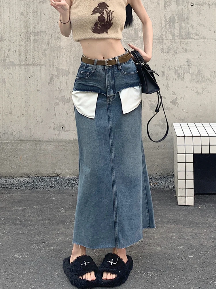 

Korean Fashion Blue Long Denim Skirts for Women Streetwear Design Back Slit Loose Jeans Skirts Big Pocket Fringe Saia Jean Longa