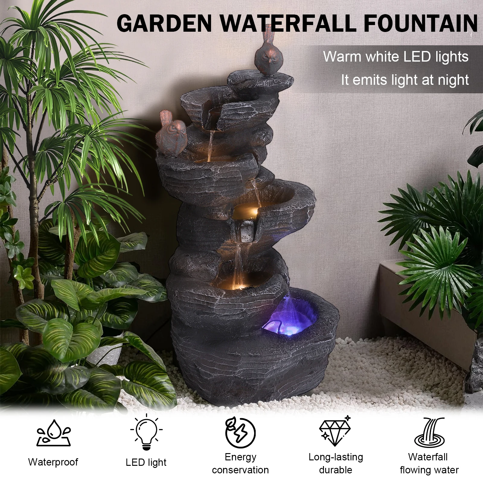 27 Inch 5-Tier Cascading Rock Water Fountain with LED Lights Resin Stone Imitation Waterfall Home Art Decor