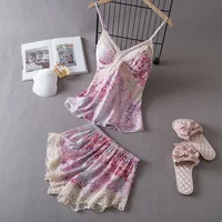 Lisacmvpnel Ice Silk With Chest Pad Women 2 Pcs Set Pajamas Lace Sexy V-Neck Sexy Nightwear - Image 3