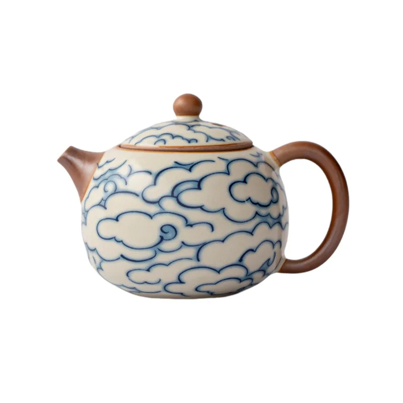 Chinese Style Retro Ceramic Auspicious cloud pattern Kiln Teapot Creative Porcelain Kung Fu Household Indoor Supplies 180ml, 1Pc
