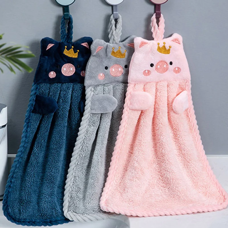 

Coral Fleece Hangable Thicken Towel Cute Korean Piglet Absorbent Hand Towels Cleaning Cloth Rag Handkerchief Kitchen Hand Wipe