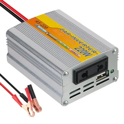 Portable Car Power Inverter with USB Voltage Transformer and Battery Clip - Converts DC 12V to AC 220V (Silver)