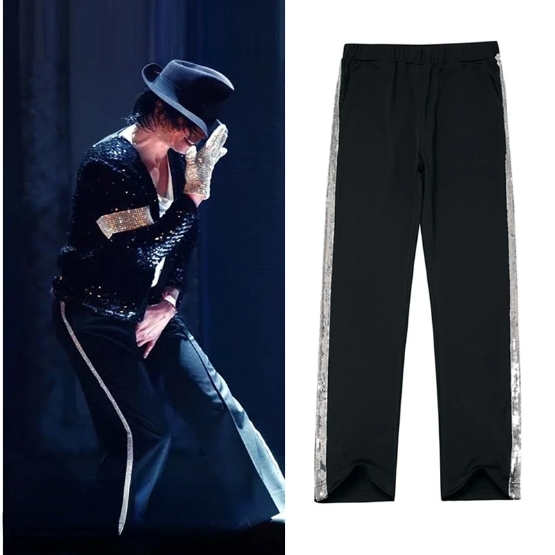Mj michael jackson billie jean calças tira casual listra calças festa traje chinelo bottoms