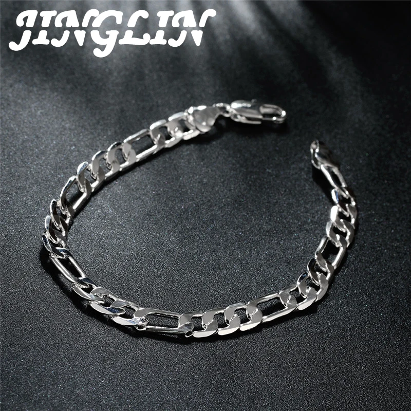 gold necklace JINGLIN  8 Inch 925 Sterling Silver 4MM/6MM Figaro Chain Bracelet For Woman Man Fashion Luxury Wedding Gift Jewelry silver chain for men