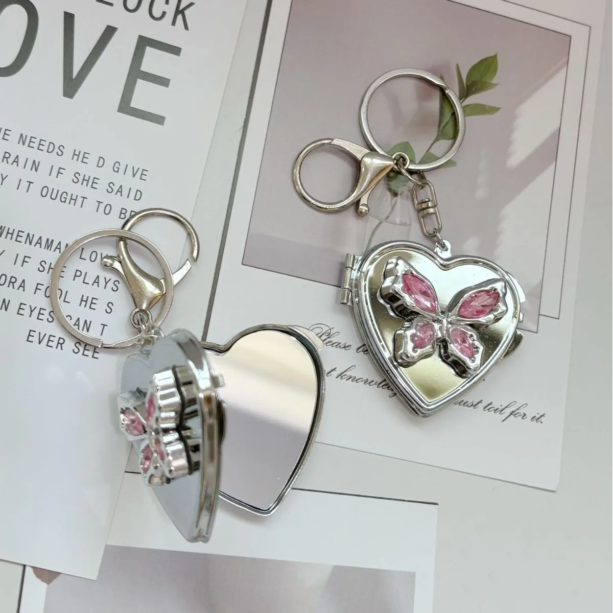 Butterfly Love Double-Sided Folding Portable Makeup Mirror Keychain Pendant
