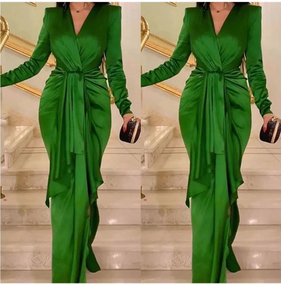 

Hunter Green One Shoudler Neckline Evening Dresses High Side Split Long Sweep Vestidos De Fiesta Arabic Aso Ebi Prom Dress