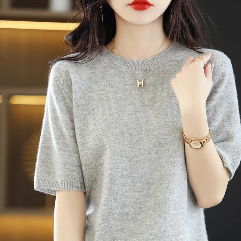 

100% pure wool ladies' sweater pullover round neck cashmere five-point sleeve outer sweater autumn and winter bottoming shirt