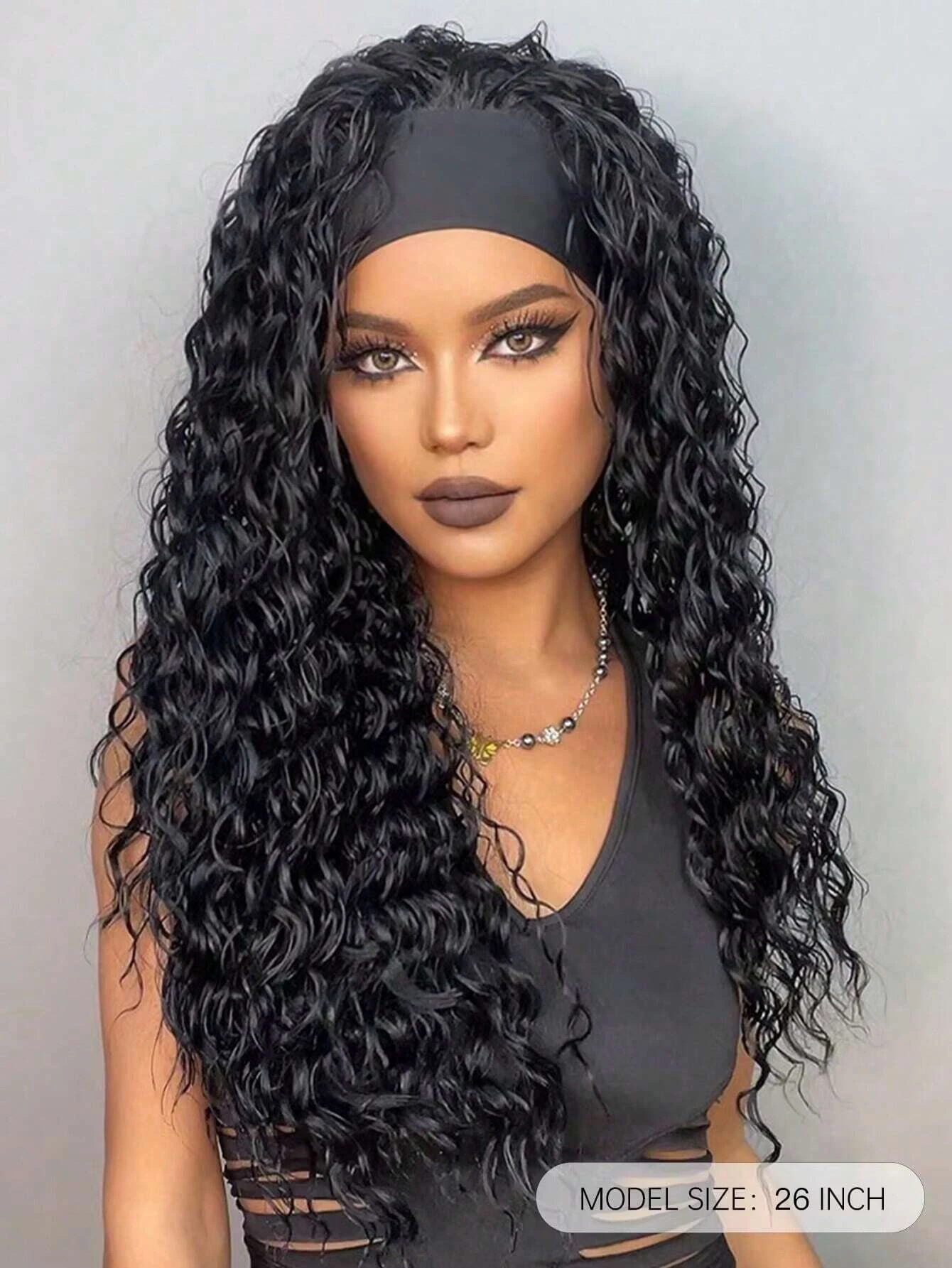 Black Synthetic Curly Headband Wig for Women Deep Water Wave