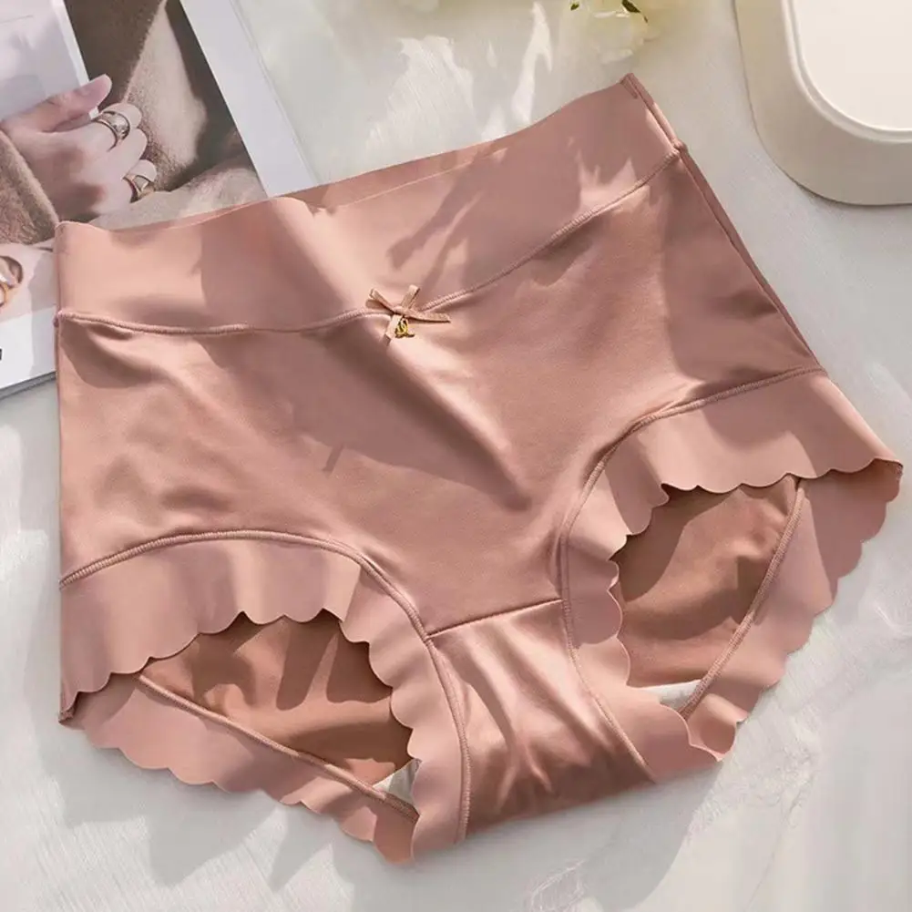 

High Waist Wave Trim Briefs Seamless High-waist Women's Panties with Wave Trim Bowknot Decor Smooth Ice Silk for Comfortable