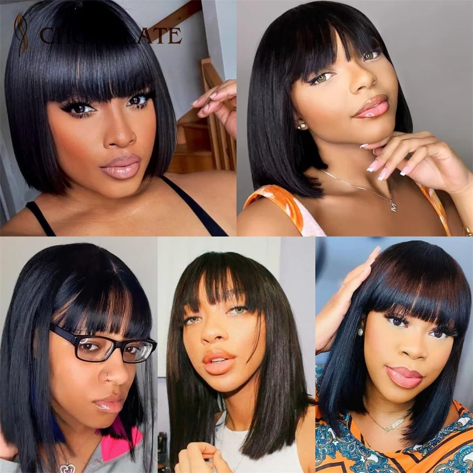Short Bob Wigs With Bangs 3X1 Lace Human Hair Wigs Realistic Scalp Glueless Straight Bob Wig With Bangs 180% Density