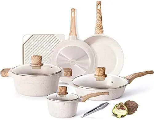 

and Pans Set - Nonstick Cookware Sets Granite Frying Pans for Cooking Marble Stone Kitchen Essentials 11 Piece Set Beige Plate