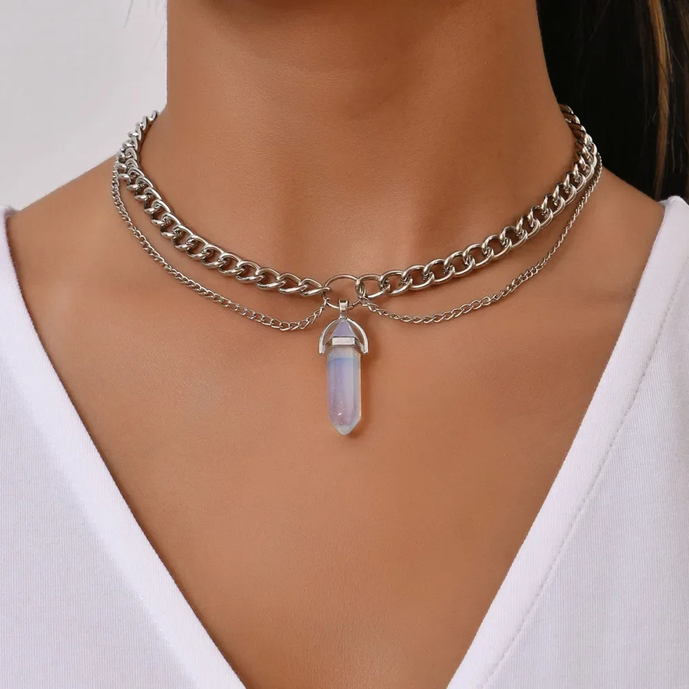 

New Fashion Silver Color Punk Chain Geometric Crystal Pendant Necklace For Women Vintage Multilevel Boho Choker Jewelry Gift