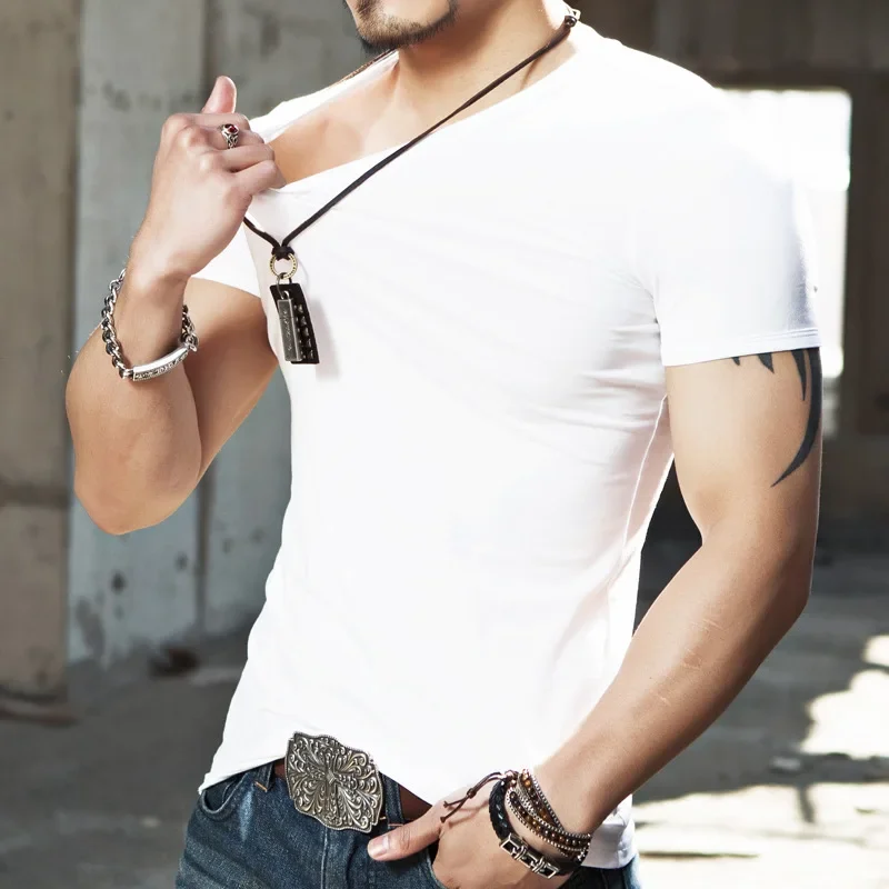 V Neck T Shirt Men 2025 Short Sleeve Tees Fashion Fitness Size 5XL