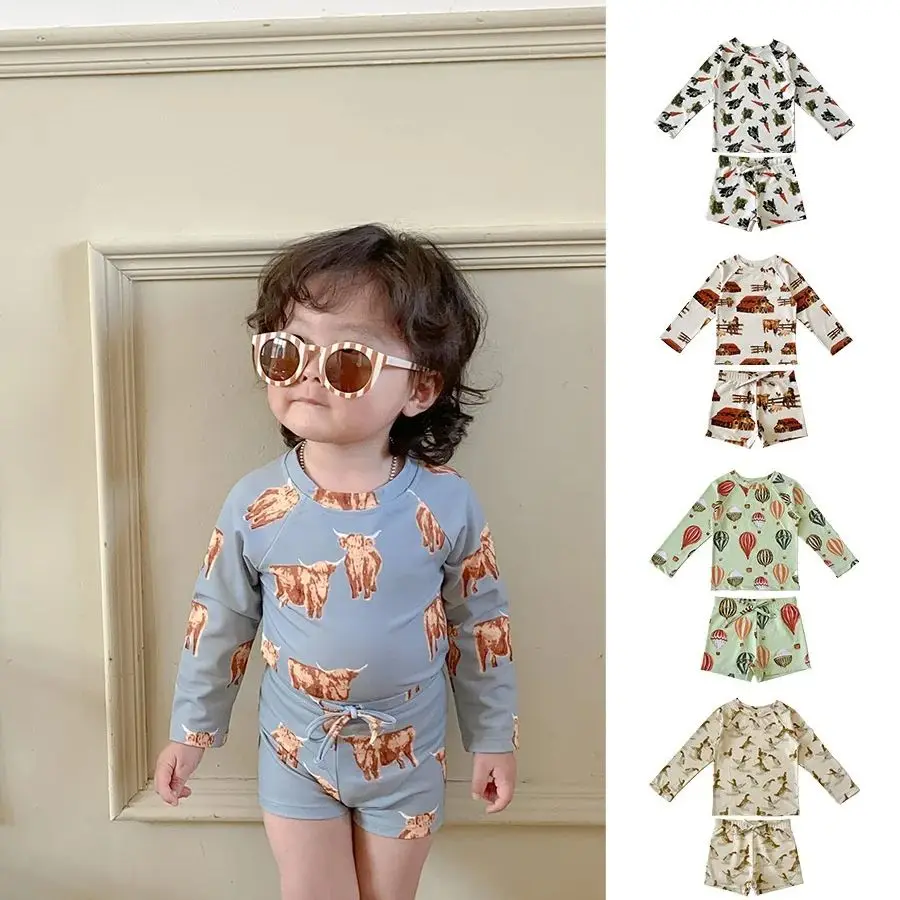 Summer Boys Korea MB Split Cartoon Sunblock Swimsuit Set Ins Newborn Baby Cute Long Sleeve Hot Spring Swimsuit 1-8 Years Old