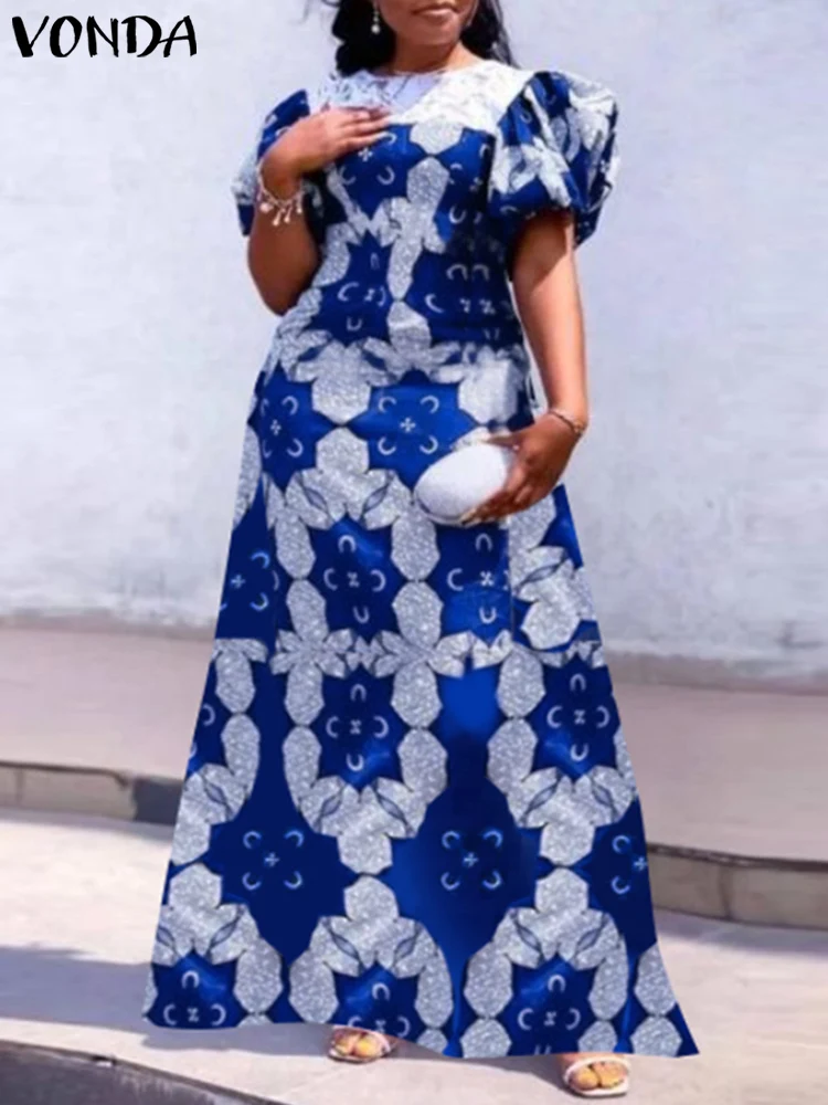 

Summer Robe VONDA Bohemian Long Sundress Women Floral Printed Maxi Dress 2023 Lace Patchwork Casual Short Sleeve Beach Vestidos