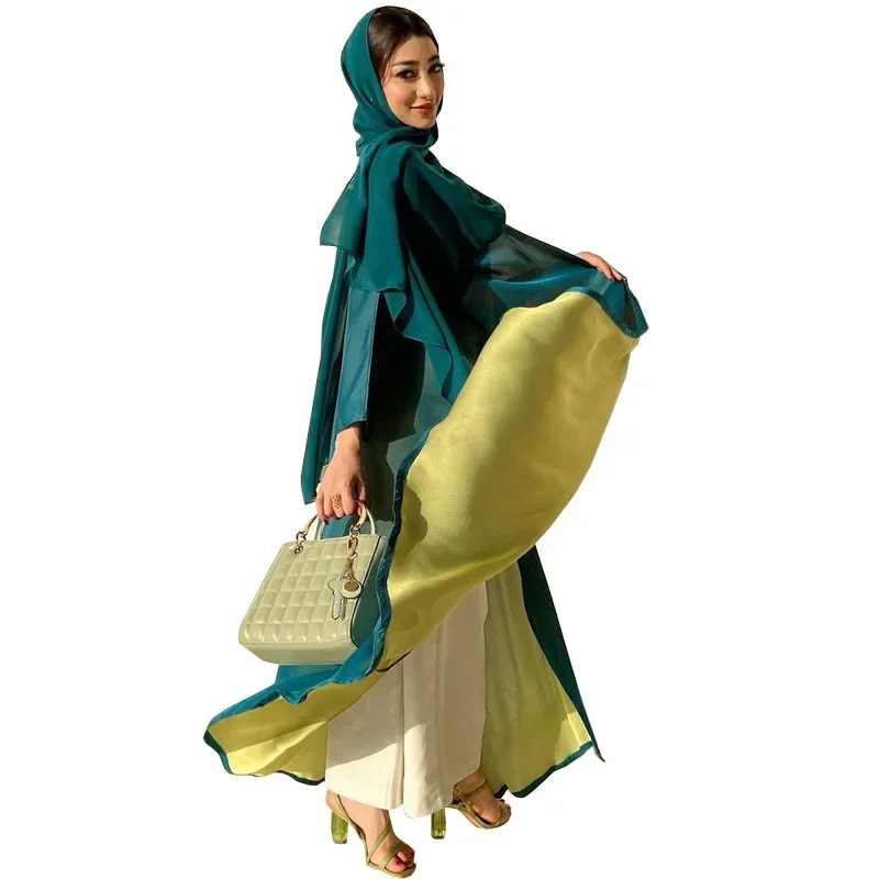 Fashion Dubai Chiffon Contrast Color Open Abaya for Female Kuwaiti Arab Comfortable Casual Marocain Islamic Clothing MuslimDress