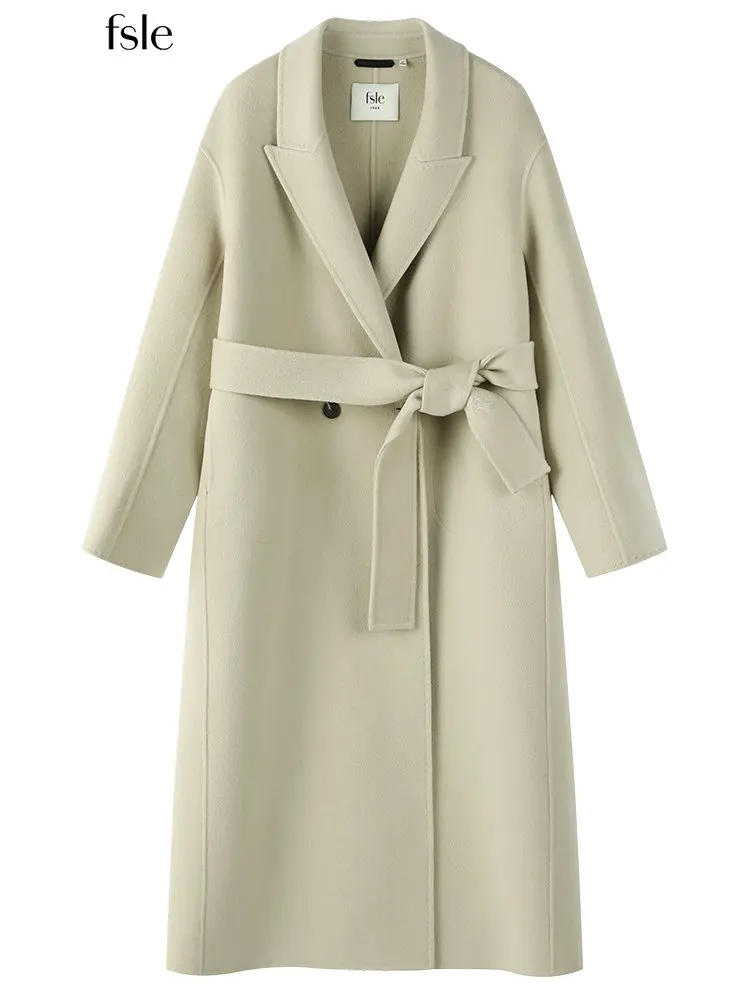 

FSLE 5.9% Cashmere 94.1% Wool Belt Design Women Temperament Long Winter Woolen Coats Two Button Design Simple Women Wool Jacket
